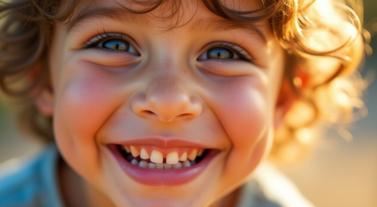 Close-up portrait of a child with bright, vivid emotions, their eyes wide and sparkling with joy, a genuine, infectious smile spreading across their face. The sunlight dances on their features, highlighting the rosy cheeks and creating a warm, radiant glow. The background is slightly out of focus, enhancing the child's exuberant expression and the feeling of pure, unfiltered happiness.