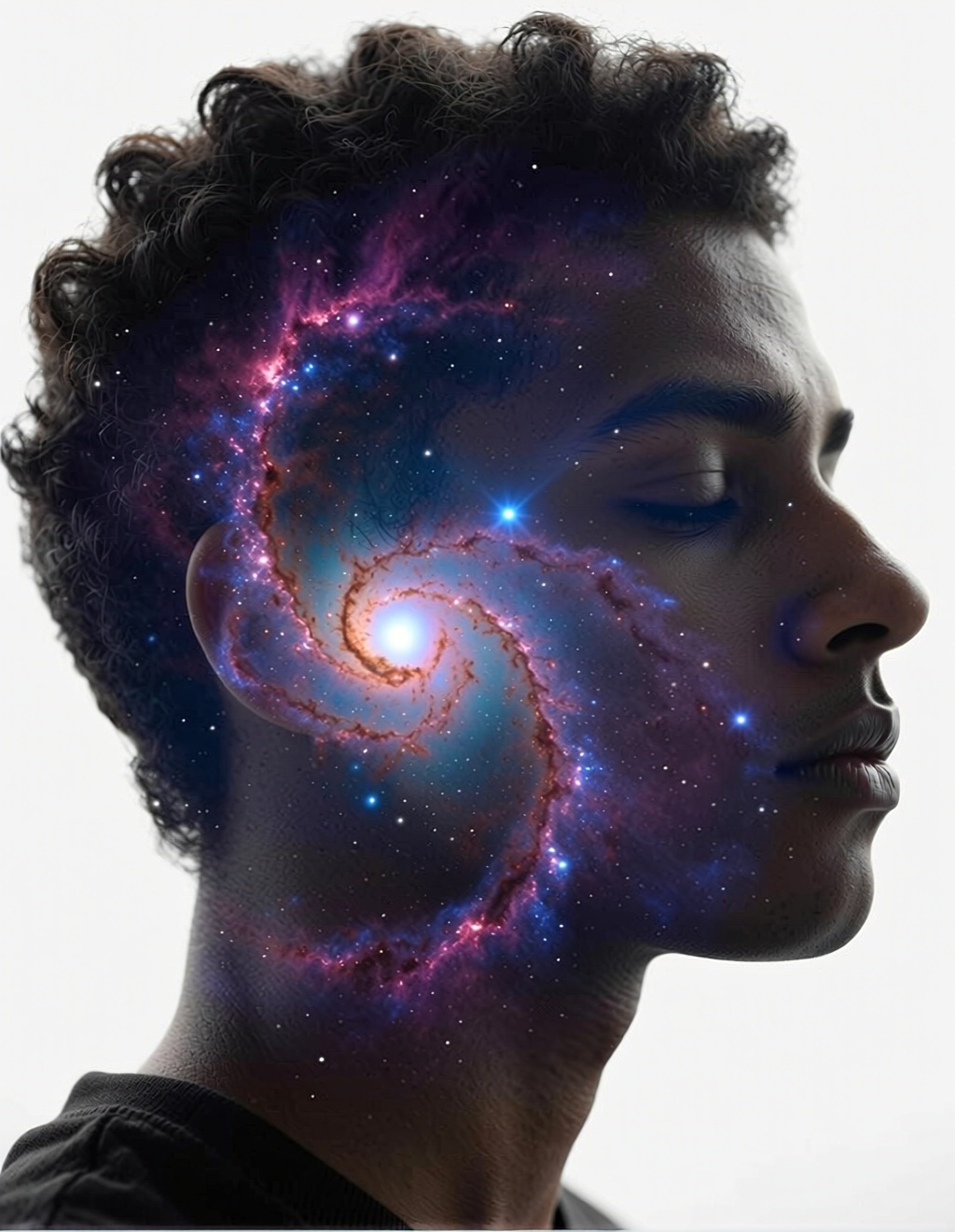 Surrealist portrait of a person's silhouette created with a double exposure effect. The inside of the silhouette is filled with a swirling nebula and galaxy of stars. Face is in profile, calm, eyes closed. Deep indigo, magenta, and cosmic blues.