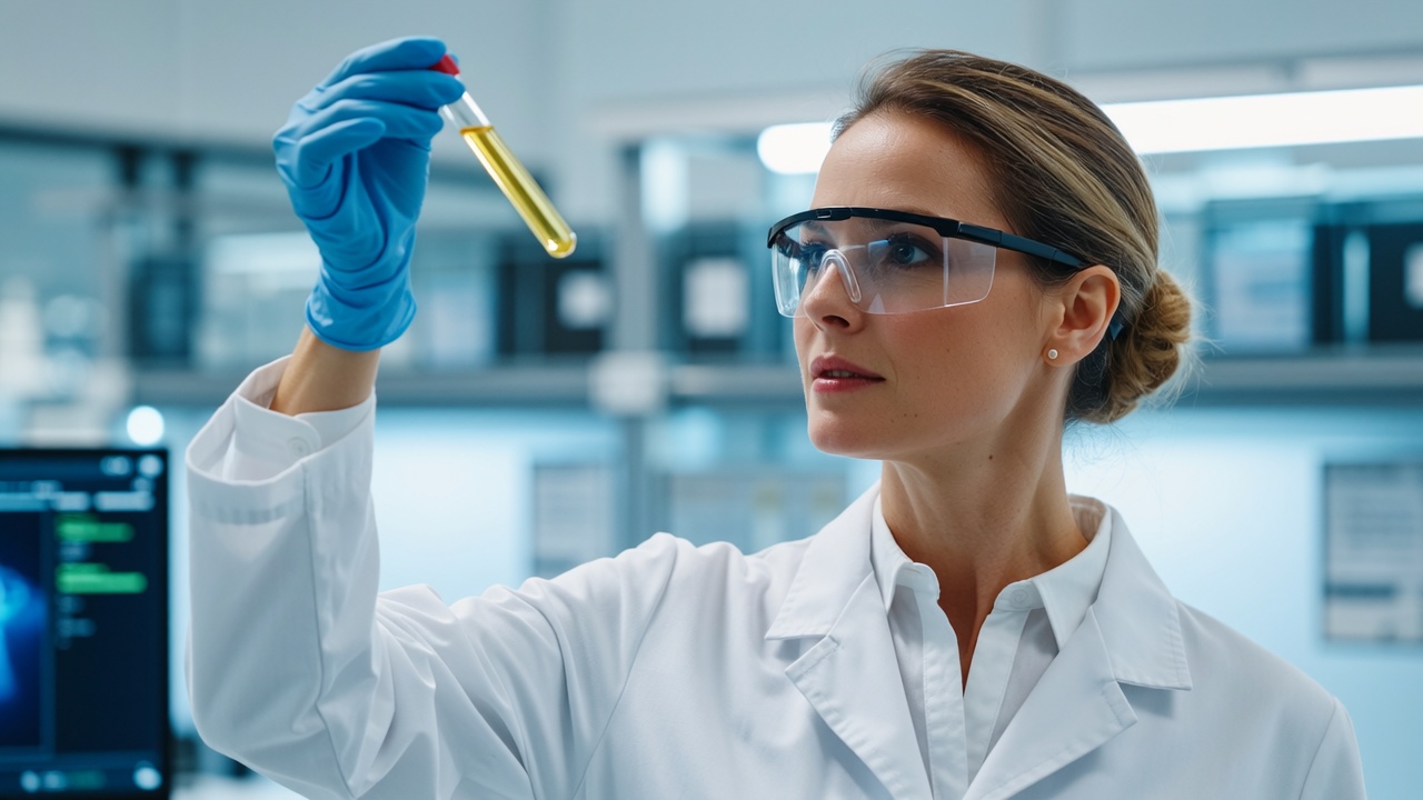 a capable 45-year-old female scientist, with her hair in a bun, wearing safety goggles and a white lab coat, standing in a modern, high-tech laboratory, holding a test tube and observing the liquid inside with a sharp, focused gaze, sophisticated instruments and data screens in the background, bright and clean lighting, professional and technological mood.