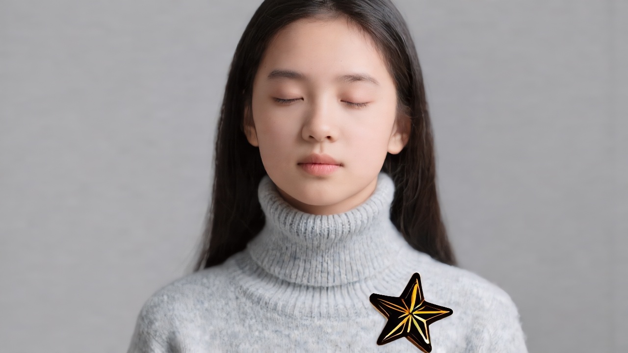 Pin a star brooch on a girl's dress.