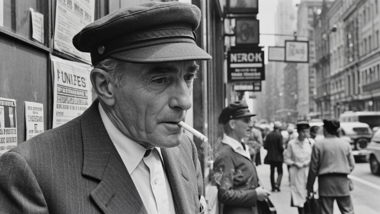 Documentary black and white street photography, **in the style of Henri Cartier-Bresson**. An elderly newspaper vendor is leaning against his stand, **lighting a cigarette in a fleeting moment between crowds**. He wears an old newsboy cap, **his weathered face has deep wrinkles**, his eyes are tired but sharp. The background shows a blurred New York street with pedestrians.

