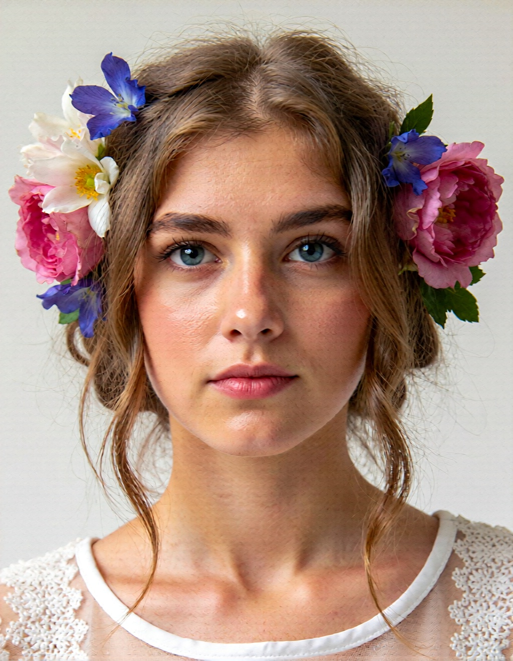realism, A whimsical watercolor portrait of a young woman with flowers woven into her messy blonde hair. Soft pastel colors, translucent washes, delicate lines, dreamy and ethereal expression, looking slightly upwards, white background, in the style of Alphonse Mucha.