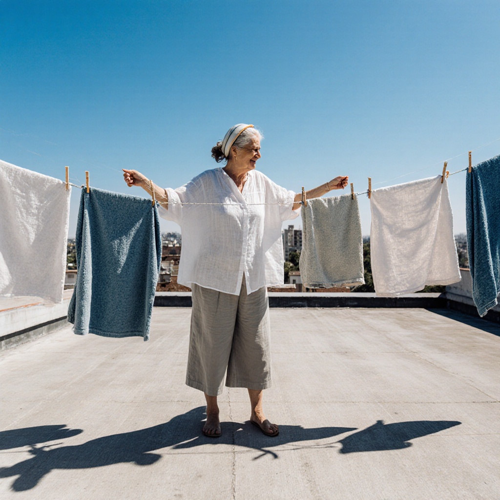 A middle-aged woman hanging laundry on a rooftop clothesline under a bright blue sky. She wears a loose linen shirt and culottes, hair tied up with a scarf. Towels flutter in the breeze, casting soft shadows on the concrete floor.