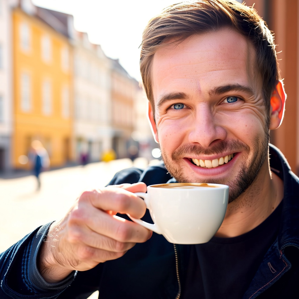 A close-up portrait of a cheerful Scandinavian man with bright blue eyes, enjoying an outdoor coffee in a quaint European town square bathed in warm morning light. The scene is bright and inviting, with crisp focus on his happy expression.