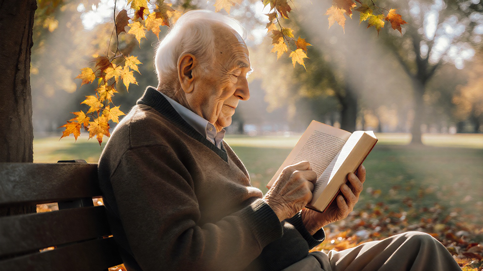An elderly man reading a book under a tree in autumn park, gentle expression, crisp leaf detail, dappled sunlight and long shadows.