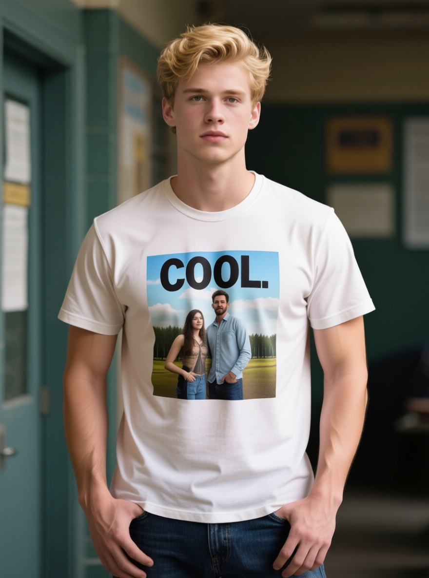 change the cloth to t shirt, with a cool picture on the t shirt instead of a letter t

