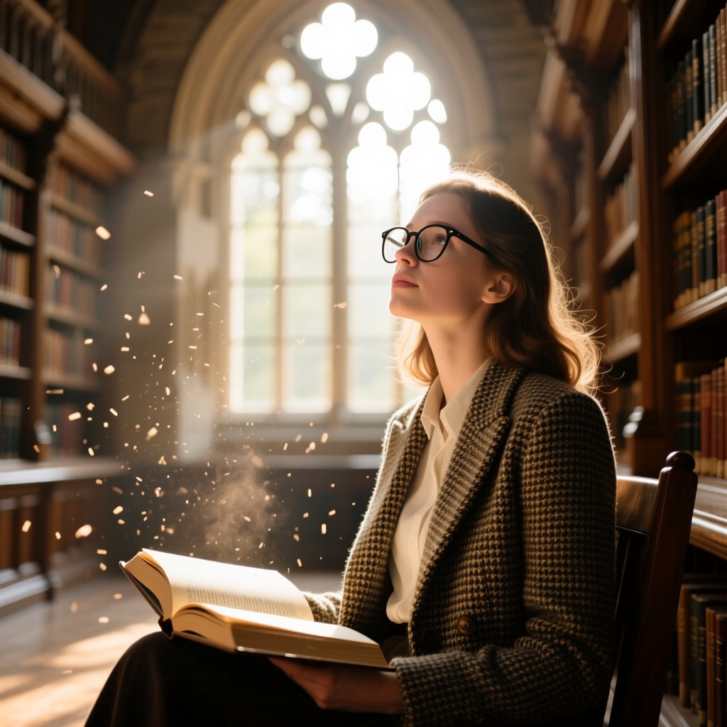 Realism，a young scholar with glasses, wearing a tweed blazer, sits in a grand, ancient library. Sunlight streams through a massive arched window, illuminating dust motes dancing in the air. An open book rests on her lap as she looks up thoughtfully. Warm and cozy atmosphere, light academia aesthetic, narrative lighting, photorealistic.