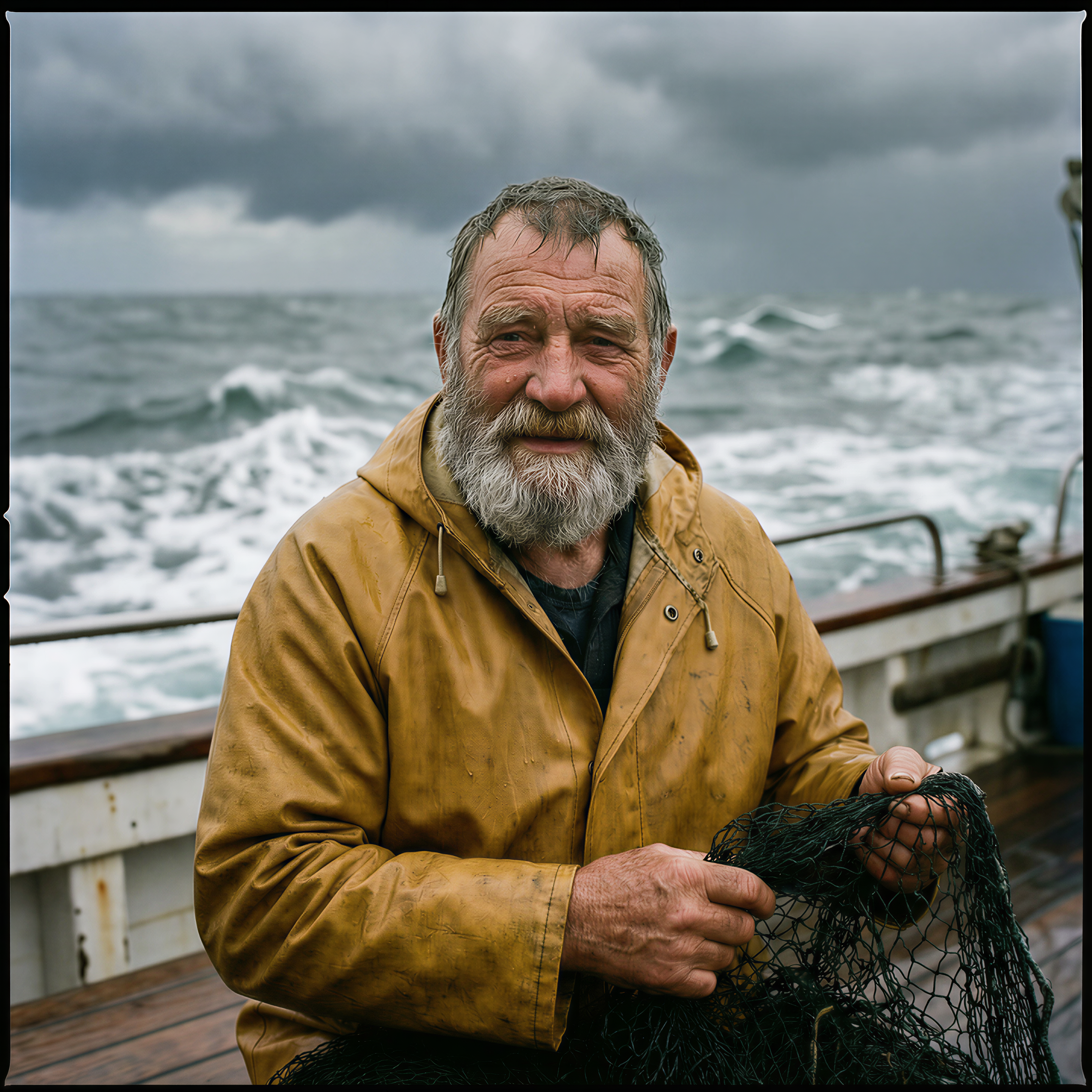 Cinematic film portrait, Kodak Portra 400. A weathered old fisherman with a long, salt-and-pepper beard and a yellow waterproof jacket. He is looking directly into the camera with tired but smiling eyes. Raindrops on his face. He is on a fishing boat deck, holding a tangled net. Stormy grey sky and rough ocean waves in the background. Natural, diffused light. Grainy texture, emotional narrative.