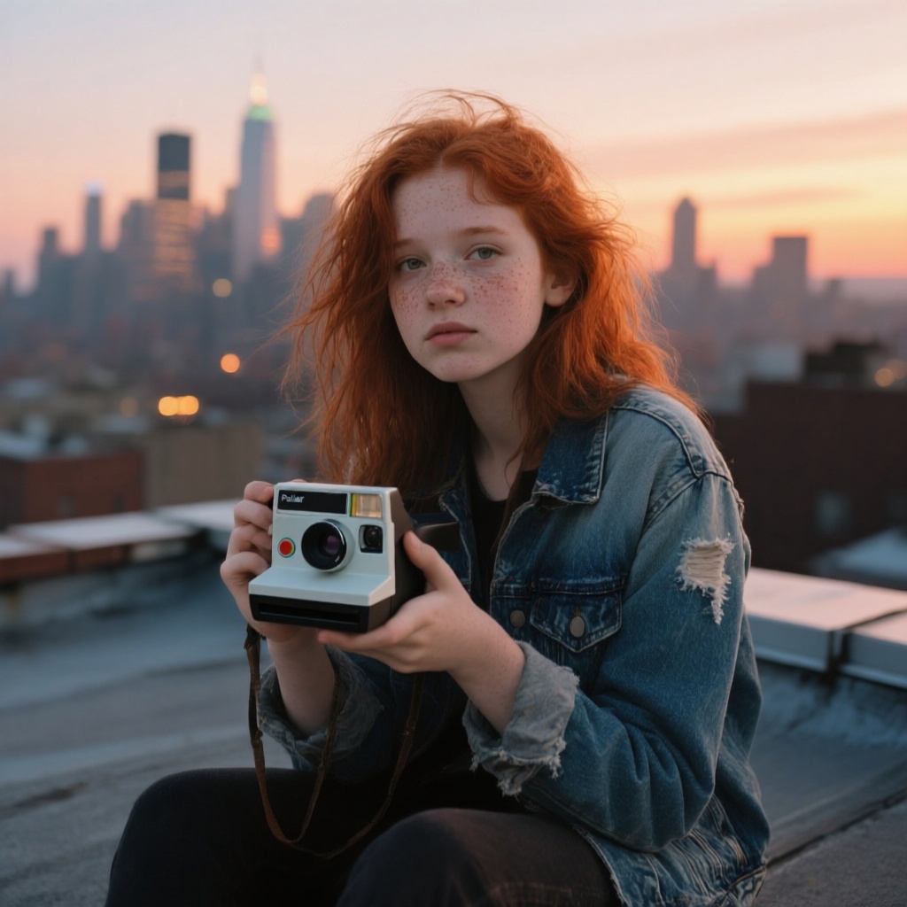 A girl with little freckles and messy red hair sitting on a rooftop during sunset, denim jacket slightly worn, holding a Polaroid camera, city skyline glowing in soft hues behind her
