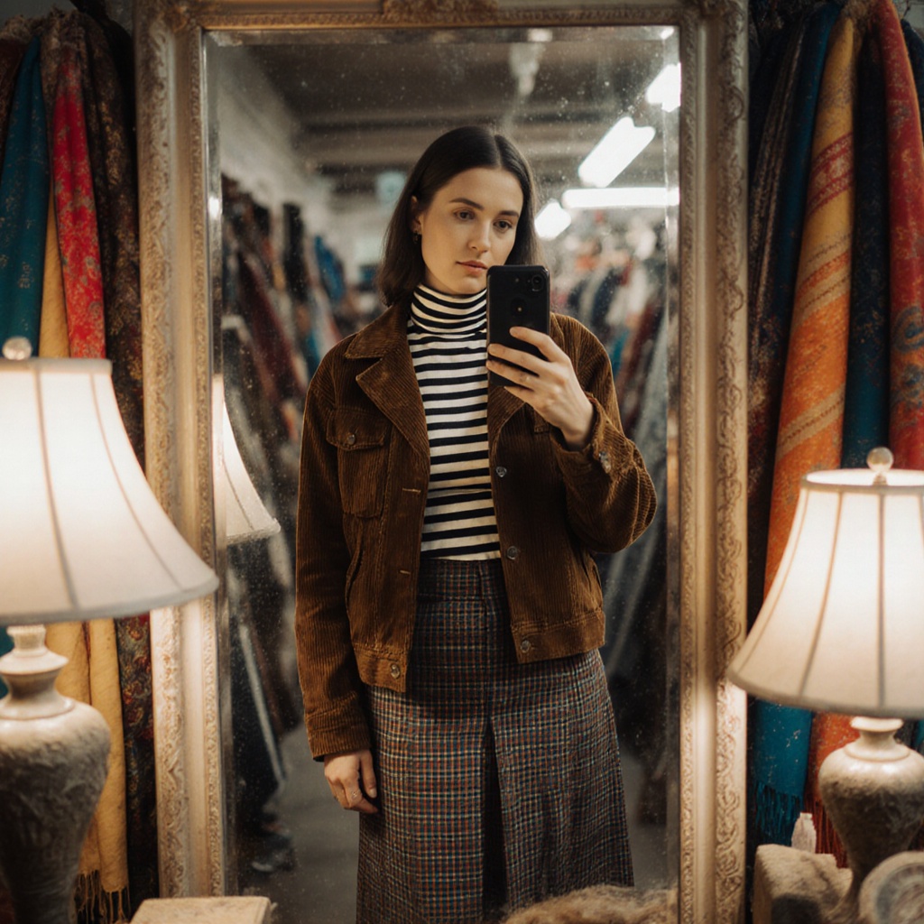 A woman taking a mirror selfie in a vintage thrift store. She's wearing a layered outfit: a corduroy jacket, striped turtleneck, and long plaid skirt. The mirror is slightly dusty and surrounded by mismatched lamps and colorful scarves.