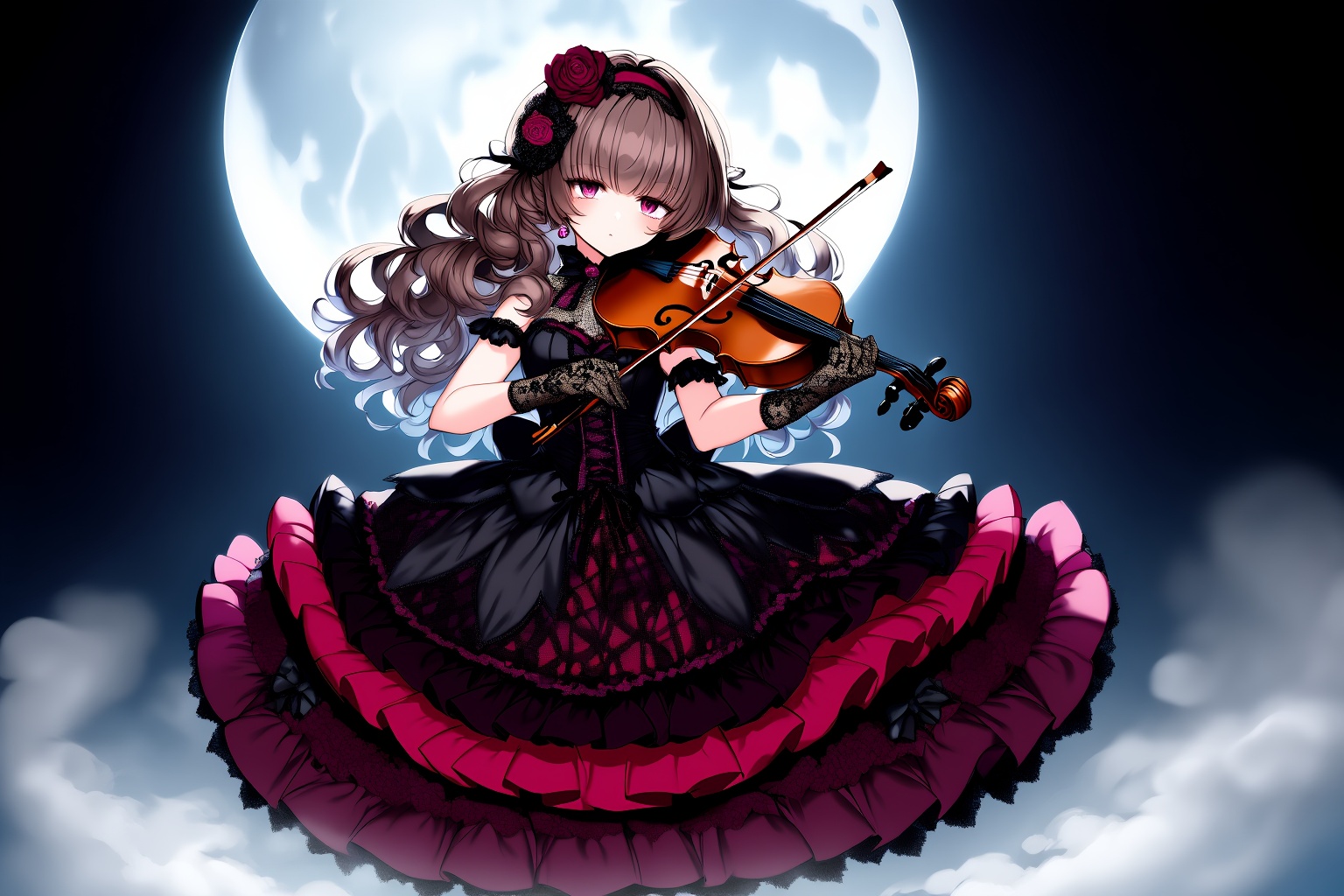 A gothic anime girl playing violin under the moonlight, wearing a frilly black and crimson lolita dress, intricate lace gloves, dark roses in her long curled hair, fog swirling around her feet, gothic anime style, rich shadows and highlights, detailed linework