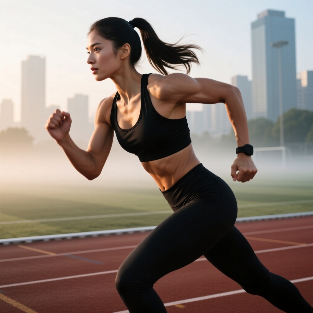 A female athlete with defined muscles and a tight ponytail, preparing for a run. She is wearing a black sports top and leggings, her gaze focused and determined. The background is a city running track at dawn with a light mist on the ground. Dynamic action shot, strong rim lighting outlining her silhouette, powerful and energetic, high contrast.



