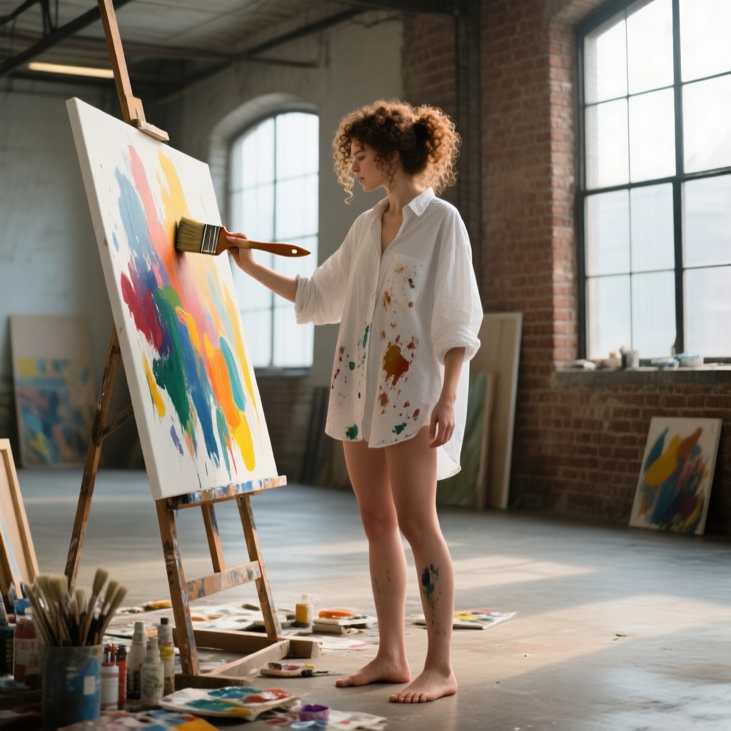 A woman with curly hair tied loosely, wearing a paint-stained oversized white shirt, barefoot, standing in a spacious industrial loft with large windows and exposed brick walls. She’s holding a large brush, working on a colorful abstract canvas. Natural light pouring in, art supplies scattered around, expressive, richly detailed scene.