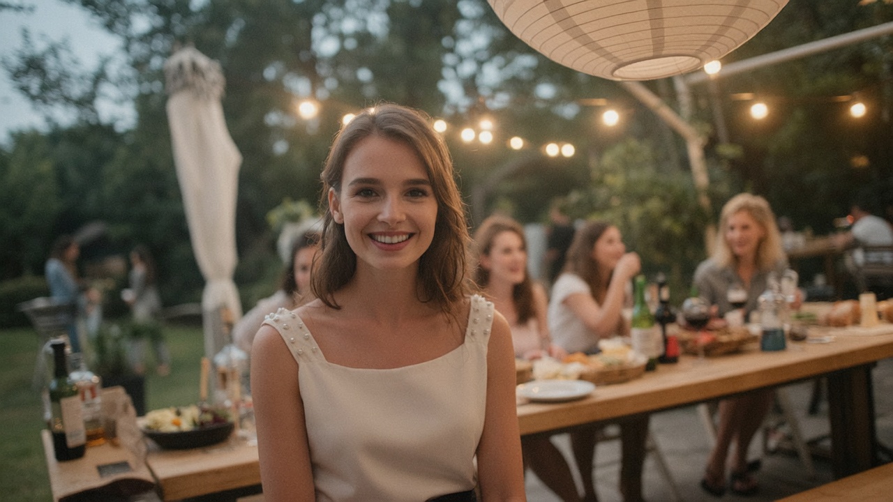 A group of four women are seated around a wooden picnic table outdoors at a backyard gathering. The woman in the foreground, light-skinned and young adult, has shoulder-length light brown hair and a friendly, smiling expression. She's wearing a white, sleeveless top with small, pearl-like embellishments on the shoulders.  The background shows several people in light-colored clothing, and a long wooden table with wine bottles, glasses, candles, and food on it. The setting is a backyard at twilight, with trees and a string of outdoor lights creating a warm ambiance.  A large white paper lantern hangs above the gathering. The composition is casual, focusing on the smiling woman seated at the table.  The perspective is from slightly above and a bit to the left of the woman's position. The lighting is soft, warm, and ambient, highlighting the faces and creating a welcoming atmosphere.  Colors are muted and natural tones with pops of light from the candles and lights.  The overall style is casual and social, evoking a friendly backyard dinner party.
