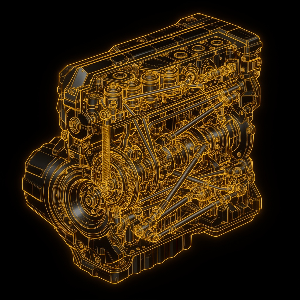 Transform the image into a high-tech cyberpunk black-gold technical blueprint style: matte black background, glowing golden edge highlights along the mechanical components, subtle neon accents, soft ambient rim light, premium futuristic engineering aesthetic, dramatic contrast, metallic reflections, clean precise linework preserved, no distortion, maintain the original mechanical structure and composition, refined high-end technical illustration look.