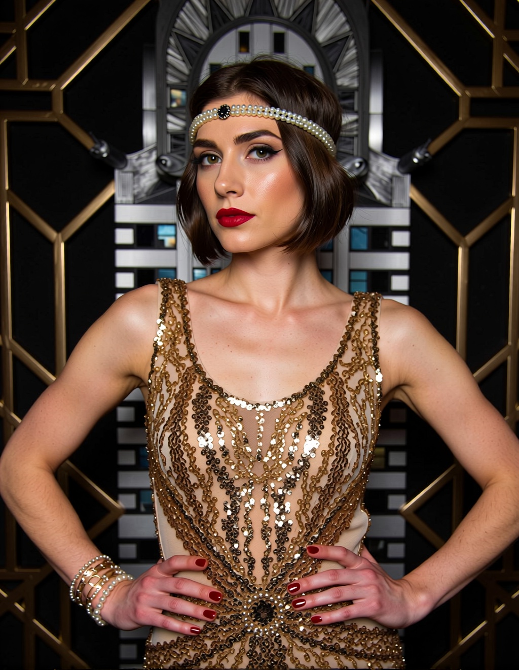 An Art Deco portrait of a glamorous 1920s woman. Sharp, geometric bob haircut. Wearing an extravagant, sequined dress and a pearl headpiece. Posing confidently against a background of stylized, metallic gold geometric patterns (like the Chrysler Building). Bold lines, lavish ornamentation, strong symmetry, sophisticated and modern.