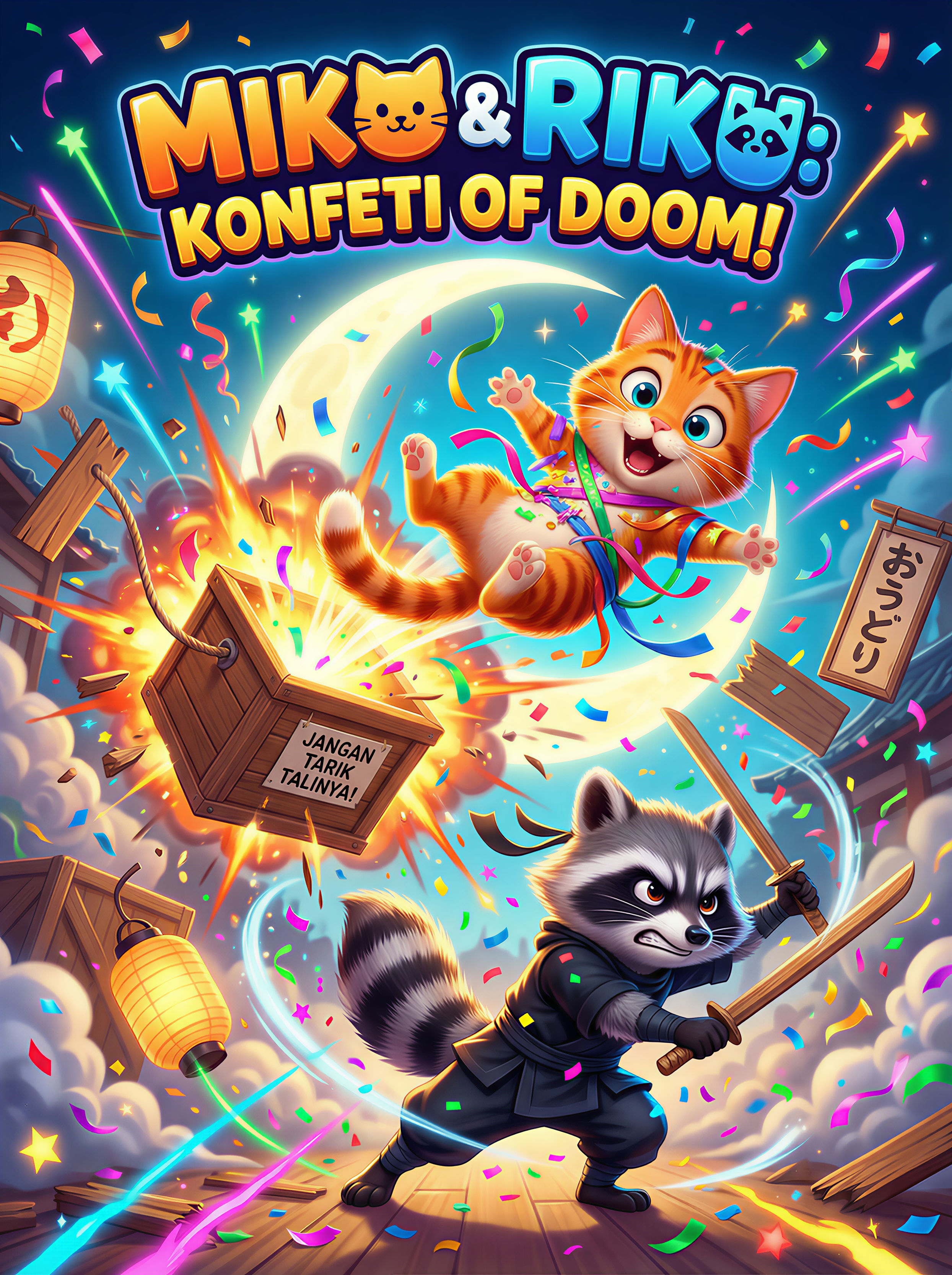 A vibrant, comedic animated movie poster featuring two ninja characters in the middle of chaotic confetti mayhem. Miko, an orange ninja cat, is blown into the air by a massive confetti explosion from a wooden trap box labeled “JANGAN TARIK TALINYA!”. He spins with wide eyes, covered in ribbons and glitter. Below him, Riku, a gray raccoon ninja, tries to block the violent confetti blast using two wooden swords, but he is nearly engulfed by the storm of colorful confetti. Add swirling cartoon smoke, comedic motion lines, and bright neon confetti trails shooting in all directions. Place a huge glowing moon behind them for dramatic contrast, with falling lanterns and wooden signs knocked over in the chaos.

At the top, add a bold, playful, glossy logo: “MIKO & RIKU: KONFETI OF DOOM!”, with a cute cat head silhouette inside the “O” of Miko and a raccoon head silhouette inside the “U” of Riku. Use bright saturated colors, Pixar/Illumination-quality 3D character detail, rim light, sparkles, and an over-the-top comedic atmosphere. Poster layout, high resolution, dynamic composition, fun and explosive energy.
