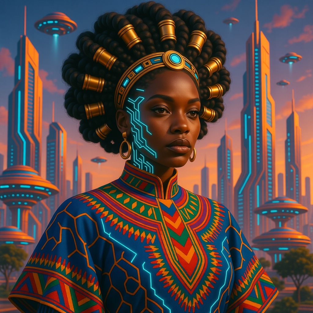 A majestic Afrofuturist queen with magnificent braided hair adorned with golden rings and cybernetic circuits. She wears a vibrant robe that merges traditional Kente patterns with glowing energy lines. The background is a futuristic African metropolis with unique architecture and flying vehicles. Vibrant, vivid colors, sci-fi art, character portrait.

