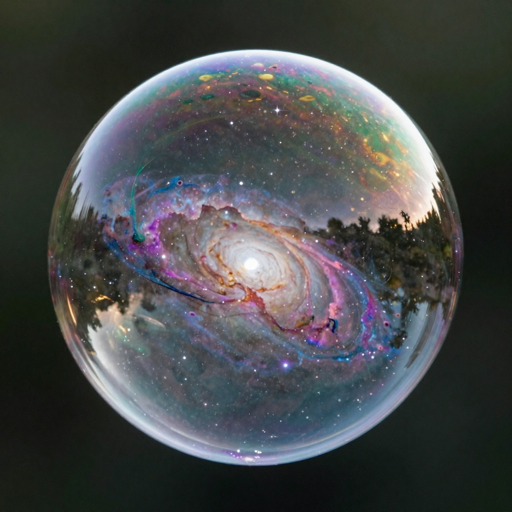 A photorealistic macro shot of a fragile soap bubble floating in the air, but inside it is a vivid swirling galaxy with stars and nebulae, high detail, cosmic glow, razor-sharp reflections on bubble surface