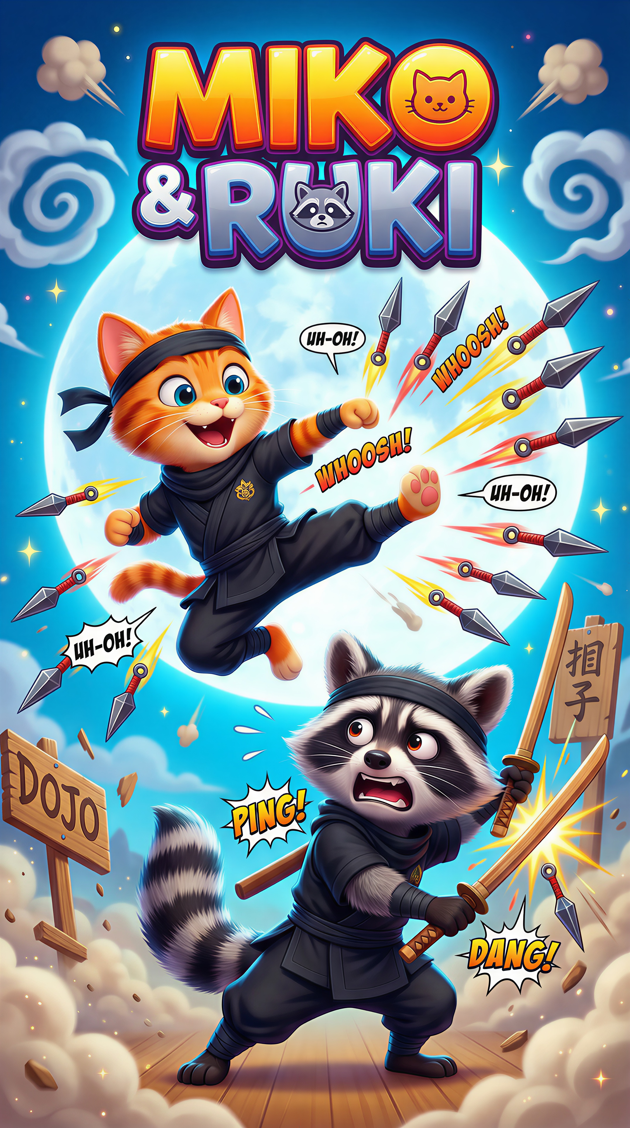 A hilarious animated movie poster featuring two ninja characters: an orange ninja cat (Miko) and a gray raccoon ninja (Ruki). Miko is mid-air doing an exaggerated flying kick while accidentally flinging dozens of kunai in random directions, each kunai frozen in comedic midair motion with silly motion trails. Ruki stands below holding twin wooden swords, but his expression shows panic and frustration as he tries to block the incoming kunai storm in an overly dramatic way. Add playful comic-style effects like big “WHOOSH!”, “PING!”, and “UH-OH!” sound bubbles in the background. Behind them, place a huge bright moon and swirling cartoon smoke shaped like spirals, emphasizing chaos and humor. At the top, include a bold, fun, stylized logo: “MIKO & RUKI”, with a cute cat head silhouette inside the “O” of Miko and a raccoon head silhouette inside the “U” of Ruki. Make the logo glossy, colorful, and slightly bouncing/tilted for comedic charm. Add vibrant, saturated lighting, exaggerated expressions, squishy 3D-animated character style, subtle sparkles, and a chaotic training dojo background with wooden signs falling apart. High-detail, funny, bright, Pixar-style poster composition.