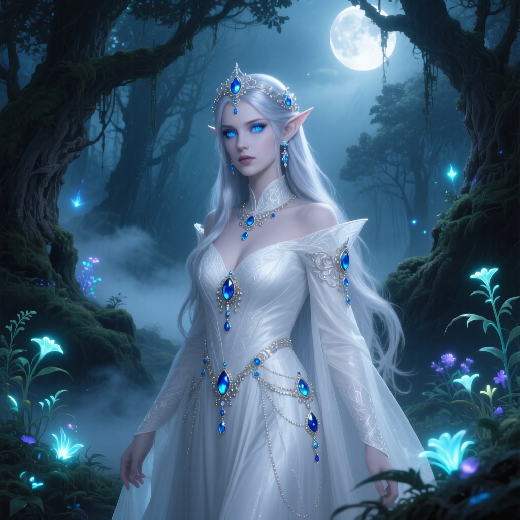 An elven queen with long silver hair and glowing blue eyes, wearing a magnificent white gown adorned with jewels. She stands in an ancient, mystical forest surrounded by luminous plants and mist. Moonlight filtering through the canopy, creating magical light and shadows. Fantasy art, epic, intricate details, masterpiece, digital painting.

