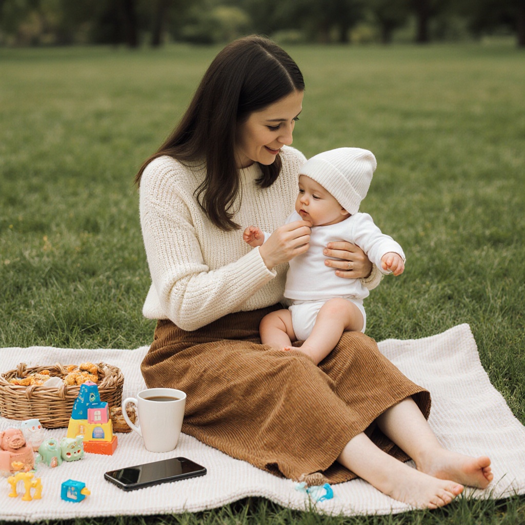 A young mother adjusting her baby’s beanie while seated on a picnic blanket. She wears a cream sweater and long corduroy skirt, barefoot on the grass. Toys and snacks are scattered nearby, and her phone lies face down next to her coffee cup.