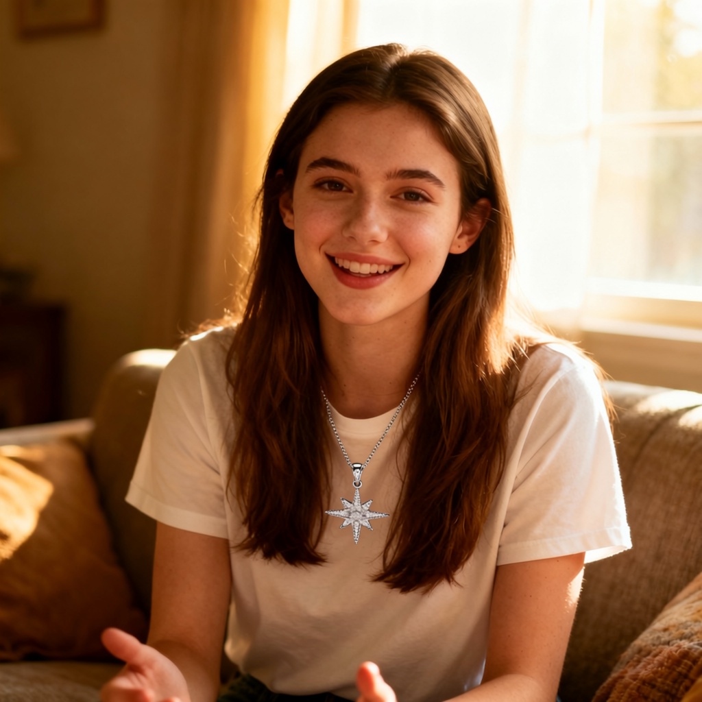 The girl is wearing a necklace.