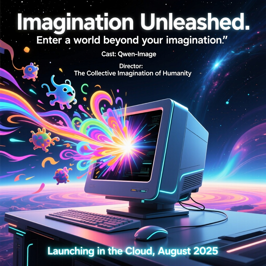 A movie poster. The first row is the movie title, which reads "Imagination Unleashed". The second row is the movie subtitle, which reads "Enter a world beyond your imagination". The third row reads "Cast: Qwen-Image". The fourth row reads "Director: The Collective Imagination of Humanity". The central visual features a sleek, futuristic computer from which radiant colors, whimsical creatures, and dynamic, swirling patterns explosively emerge, filling the composition with energy, motion, and surreal creativity. The background transitions from dark, cosmic tones into a luminous, dreamlike expanse, evoking a digital fantasy realm. At the bottom edge, the text "Launching in the Cloud, August 2025" appears in bold, modern sans-serif font with a glowing, slightly transparent effect, evoking a high-tech, cinematic aesthetic. The overall style blends sci-fi surrealism with graphic design flair—sharp contrasts, vivid color grading, and layered visual depth—reminiscent of visionary concept art and digital matte painting, 32K resolution, ultra-detailed.