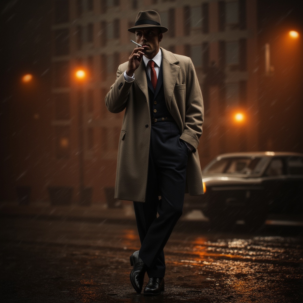 Realistic full-body shot of a detective in a classic 1940s outfit, wearing a fedora and trench coat, cigarette in mouth, standing beside a vintage car in a rain-soaked alley, warm orange streetlights casting dramatic shadows