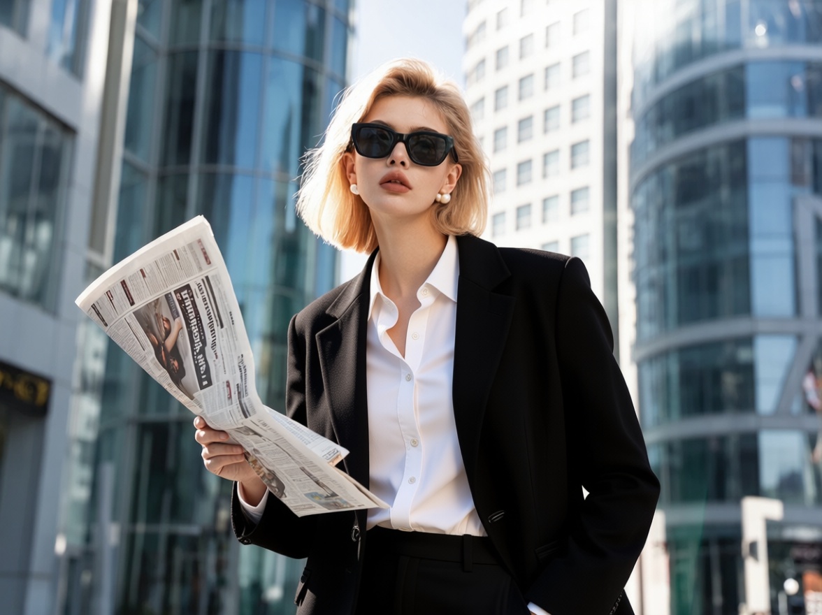 Change into a white shirt and a black coat.