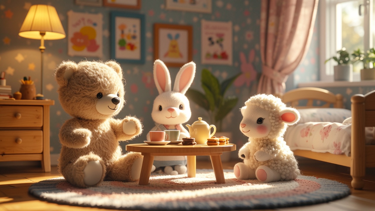 l3g0_5ty13 Lego animation style, A cute 3D artwork. In a softly lit child's bedroom, a felt-textured teddy bear, a plush bunny rabbit, and a small wool felt lamb are sitting around a miniature table, having a tea party. Tiny teacups and cookies are on the table. Afternoon sunlight streams through a sheer curtain, casting warm light spots on the floor. The scene is filled with a dreamy and heartwarming feeling.