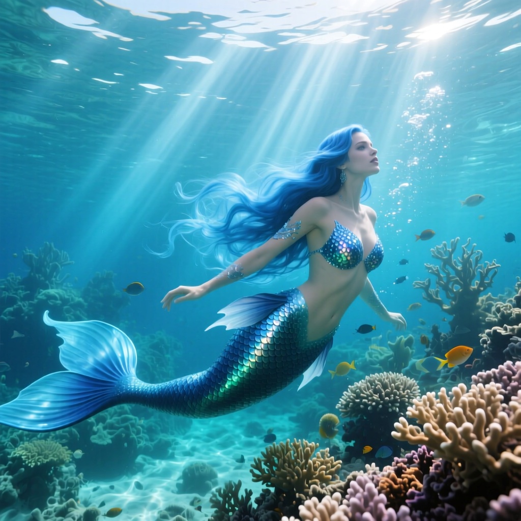 A woman like a mermaid, with flowing blue long hair and shimmering scales. She swims gracefully in clear tropical waters filled with coral and strange marine life. Sunlight penetrates the water's surface, creating moving beams of light that illuminate the entire scene. Dreamy, vibrant, light and shadow effects, underwater photography, highly detailed.
