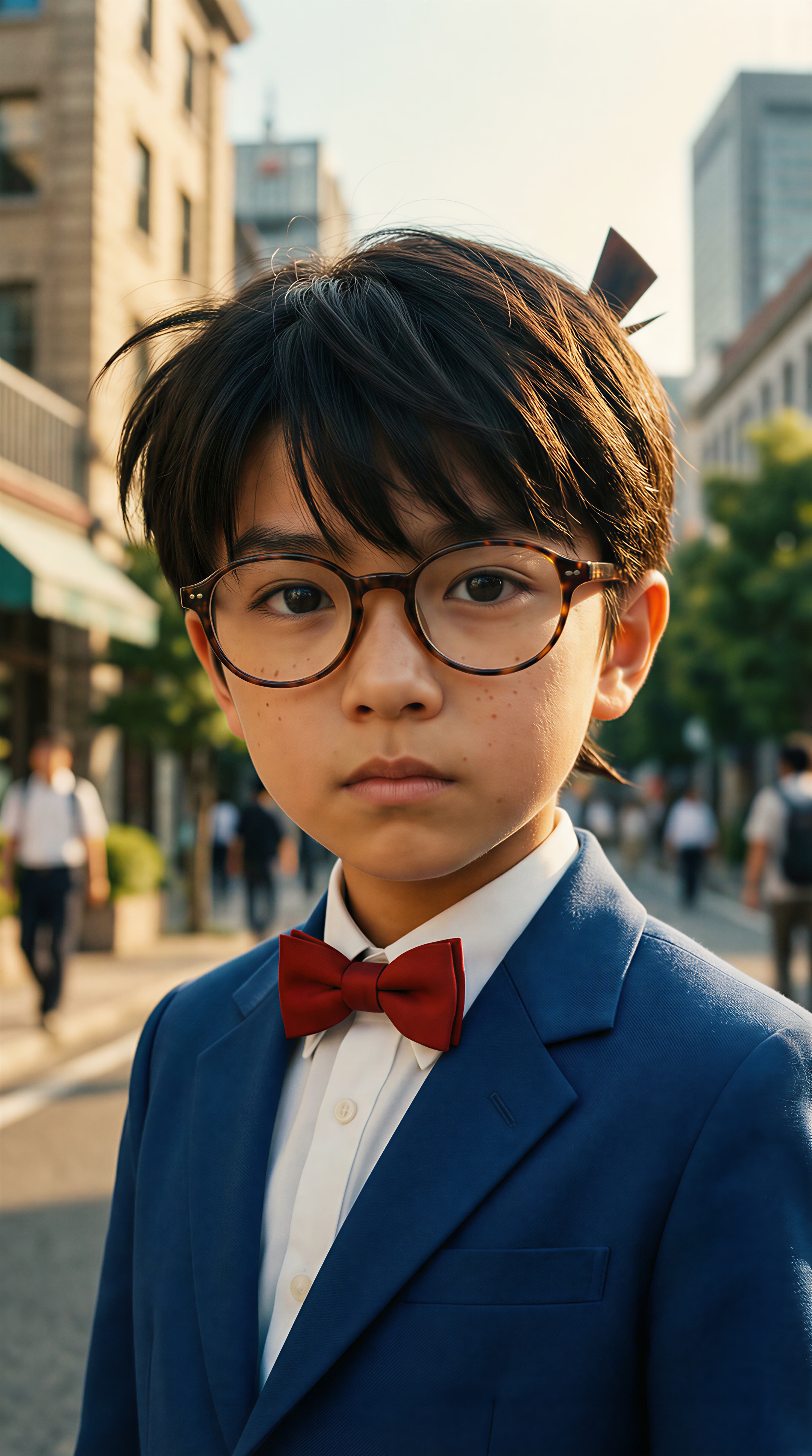 Translate the anime subject into cinematic photorealism.  Natural skin texture, accurate facial anatomy, grounded proportions. High-dynamic-range lighting, shallow depth of field, filmic contrast. 35mm lens perspective, subtle grain, live-action production design, true-to-life color grading. Frame as a live-action movie still.