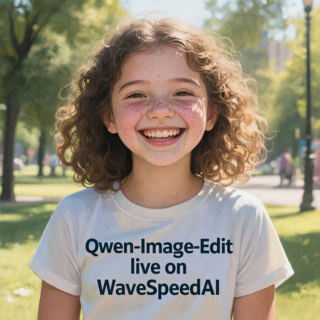 Change the text on the woman's clothes to "Qwen-Image-Edit live on WaveSpeedAI"