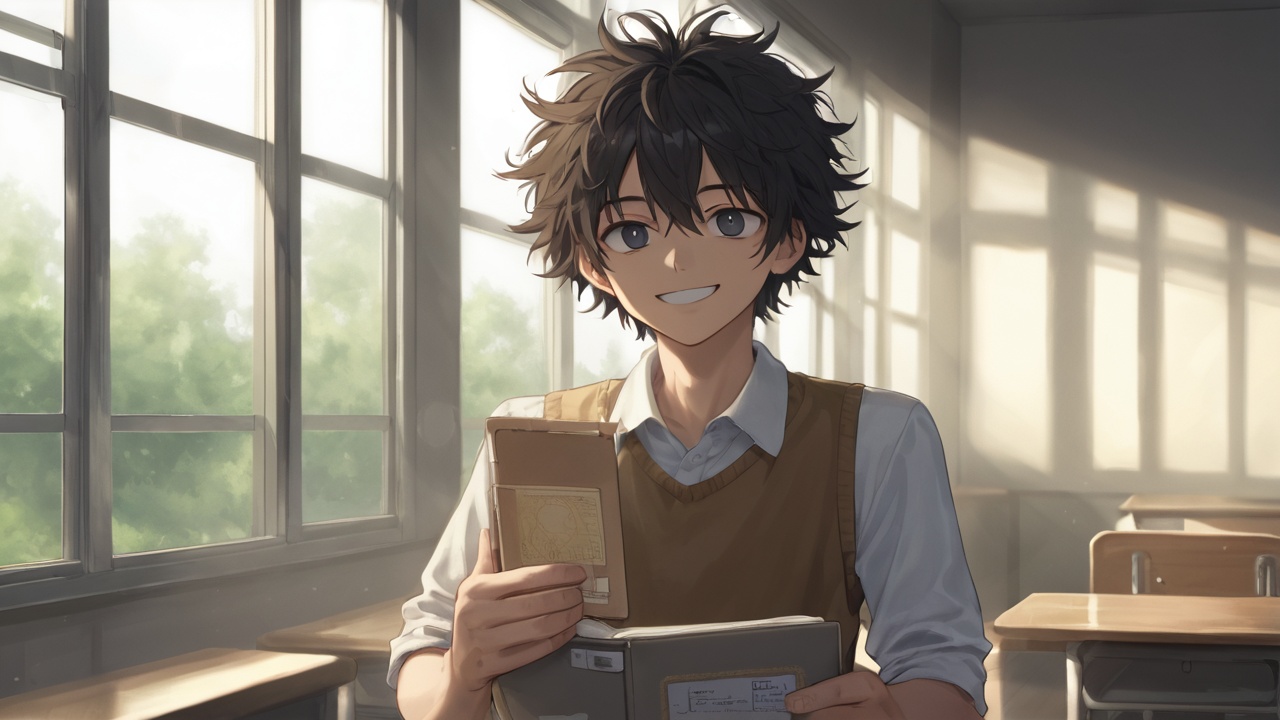 A young man with messy hair and casual school outfit, leaning against a classroom window, holding a notebook, sunlight streaming in, smiling with bright eyes, soft-focus background, authentic youthful vibe.