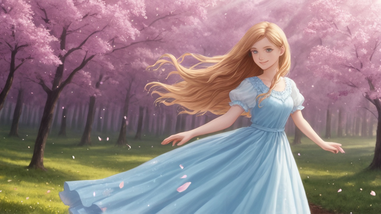 A young woman with soft curls, wearing a flowing pastel dress, surrounded by floating flower petals, warm sunlight filtering through trees, dreamy cinematic composition, gentle smile, ethereal atmosphere.