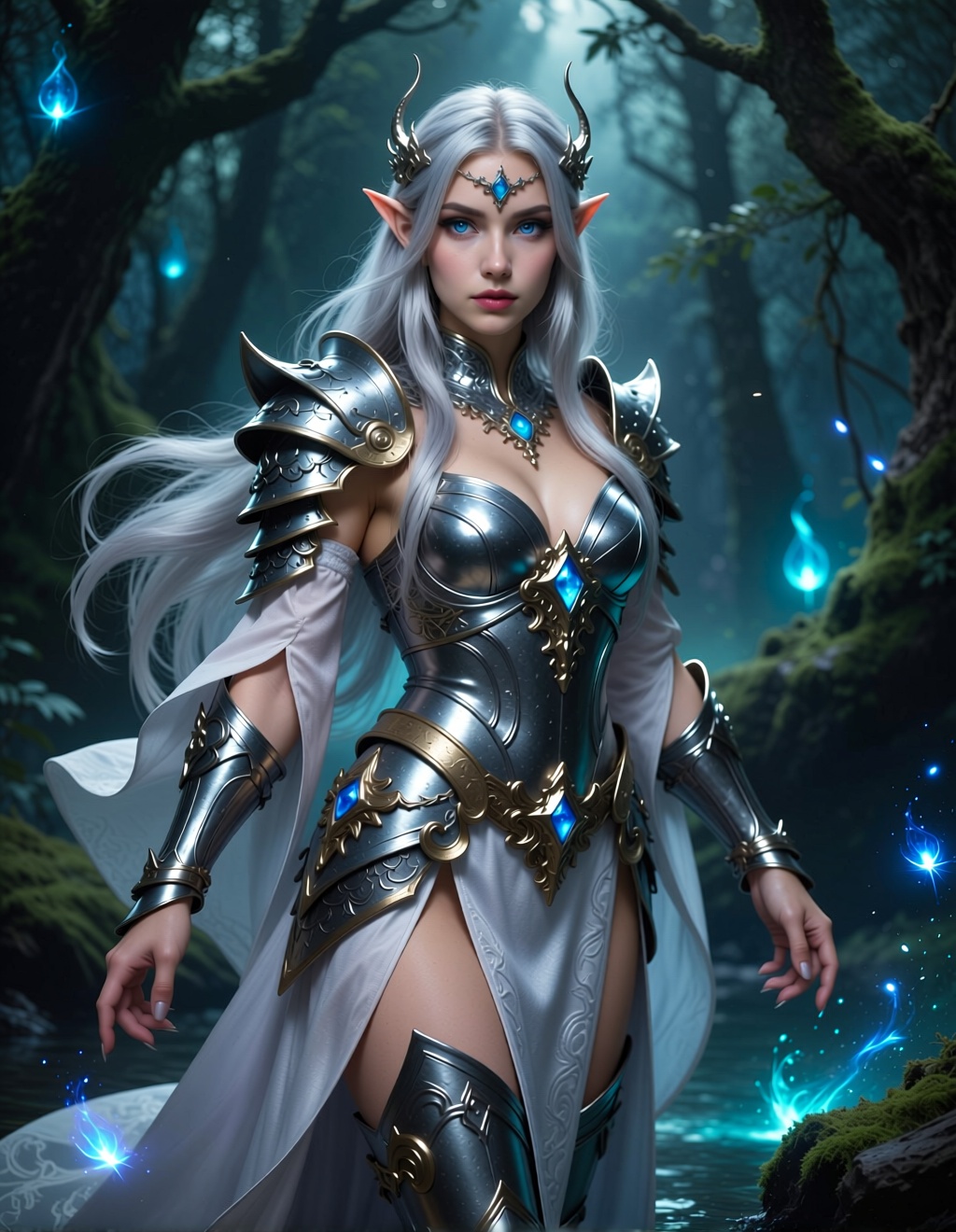 Full-body concept art of an ethereal Elven Queen. Long silver hair, glowing blue eyes, intricate silver armor mixed with silk robes, standing in a magical, bioluminescent forest. Powerful and graceful stance, mystical atmosphere, fantasy, highly detailed, sharp focus.