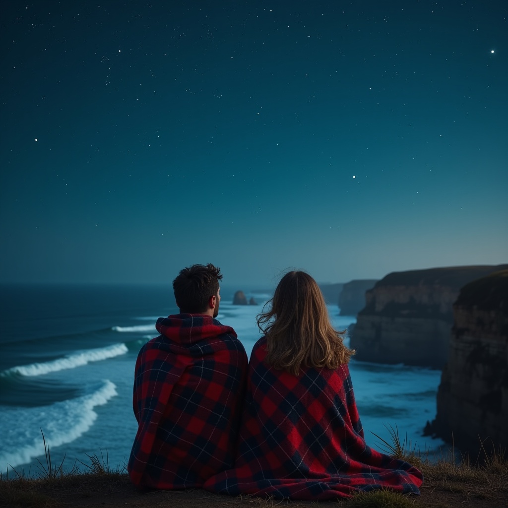 A couple wrapped in a plaid blanket sits on a cliff overlooking the Atlantic Ocean under a sky scattered with stars. Waves crash below, and their silhouettes are outlined by moonlight. The camera slowly rotates around them as they point at constellations, wind tousling their hair. The motion is minimal yet deeply emotive—capturing intimacy, stillness, and wonder.