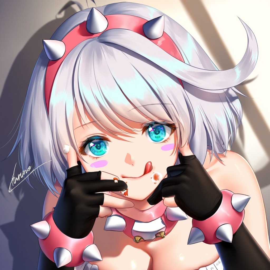 foreshortening, This artwork by (@haneru:1.0) features character:#elphelt valentine in a playful and dynamic pose. The illustration showcases her upper body with a foreshortened perspective that emphasizes her outstretched hand holding food near her face. She has short white hair with a prominent ahoge (cowlick) and wears a pink hairband. Her blue eyes gaze directly at the viewer while she sticks out her tongue playfully, with some food smeared on her face as she licks her lips. Elphelt wears black fingerless gloves that extend to her elbows, adorned with bracelets, and her outfit reveals cleavage, accentuating her large breasts. She has blush stickers on her cheeks and delicate jewelry, adding to her charming expression. The background is softly blurred with shadows, creating a delicate yet slightly meme-like aesthetic. The artist's signature is visible, and the overall composition is high-quality with a sensitive, detailed touch. The playful, mischievous mood is enhanced by the perspective and her teasing expression. masterpiece, best quality, sensitive