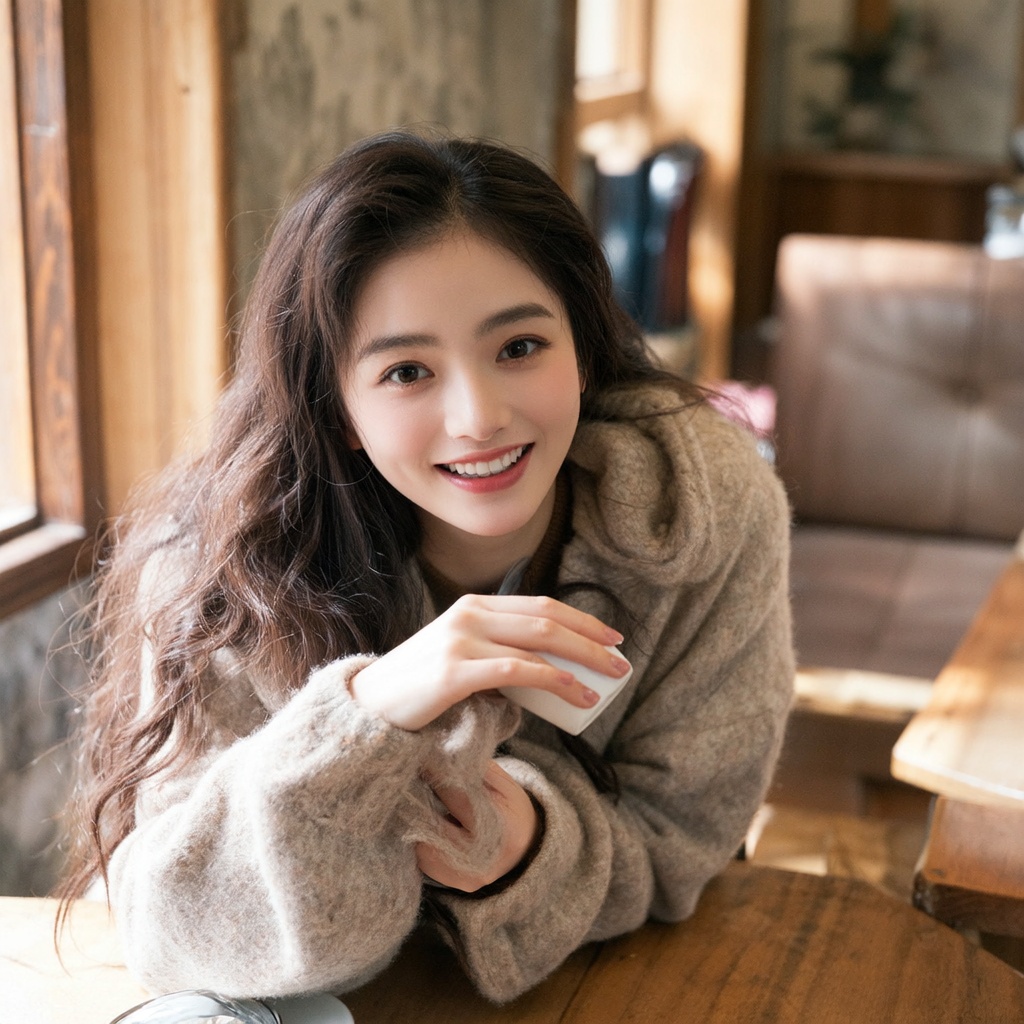 (masterpiece, best quality, ultra-detailed, photo-realistic:1.2), 1girl, a beautiful korean woman, long wavy brown hair, soft smile, looking at viewer, wearing a cozy beige sweater, sitting at a wooden table in a sunlit cafe, holding a coffee cup, detailed eyes, beautiful detailed face, soft lighting, depth of field, bokeh, window light