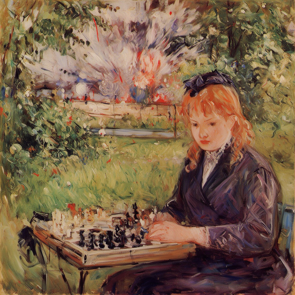 berthe_morisot style, woman with red hair, playing chess at the park, bomb going off in the background
