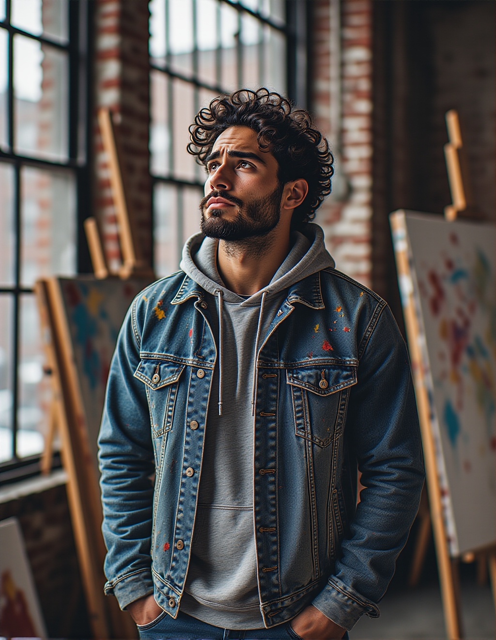 Photorealistic medium shot of a handsome Hispanic man in his early 30s with curly dark hair and a well-groomed beard. He has a thoughtful, intense expression. He's wearing a vintage denim jacket over a simple grey hoodie, with subtle paint splatters on the sleeve. He is standing in a sun-lit loft art studio in Brooklyn, with large industrial windows and canvases in the background. The lighting is soft and natural, highlighting the texture of his jacket and the intensity in his eyes. Shot on a Canon EOS R5 with a 50mm f/1.2 lens.




