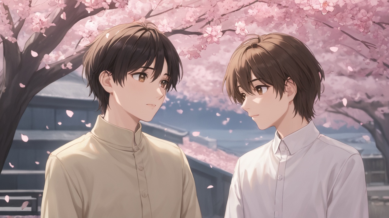 A man with tousled hair and warm brown eyes, leaning against a blooming cherry tree, petals drifting in the wind, soft pastel light, serene and heartwarming cinematic portrait.