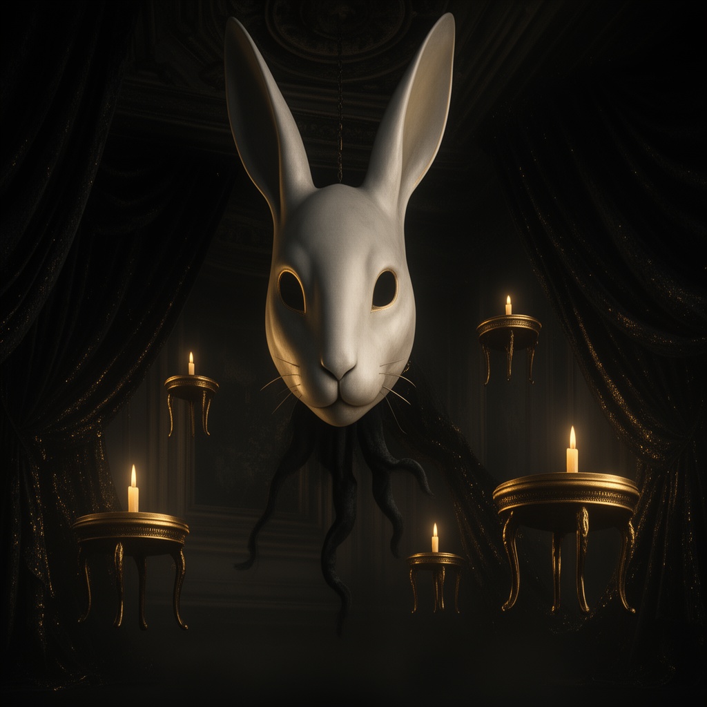 Transform the image into a baroque noir luxury surrealist style: deep black-and-gold palette, sharp dramatic lighting, metallic golden highlights on the floating tables and mask edges, rich cinematic shadows, velvet drapery with subtle gold shimmer, atmospheric haze, high-end fashion campaign mood, refined textures, preserve the rabbit mask, candles, and composition structure, no distortion, ultra clean edges, 16:9 cinematic tone.