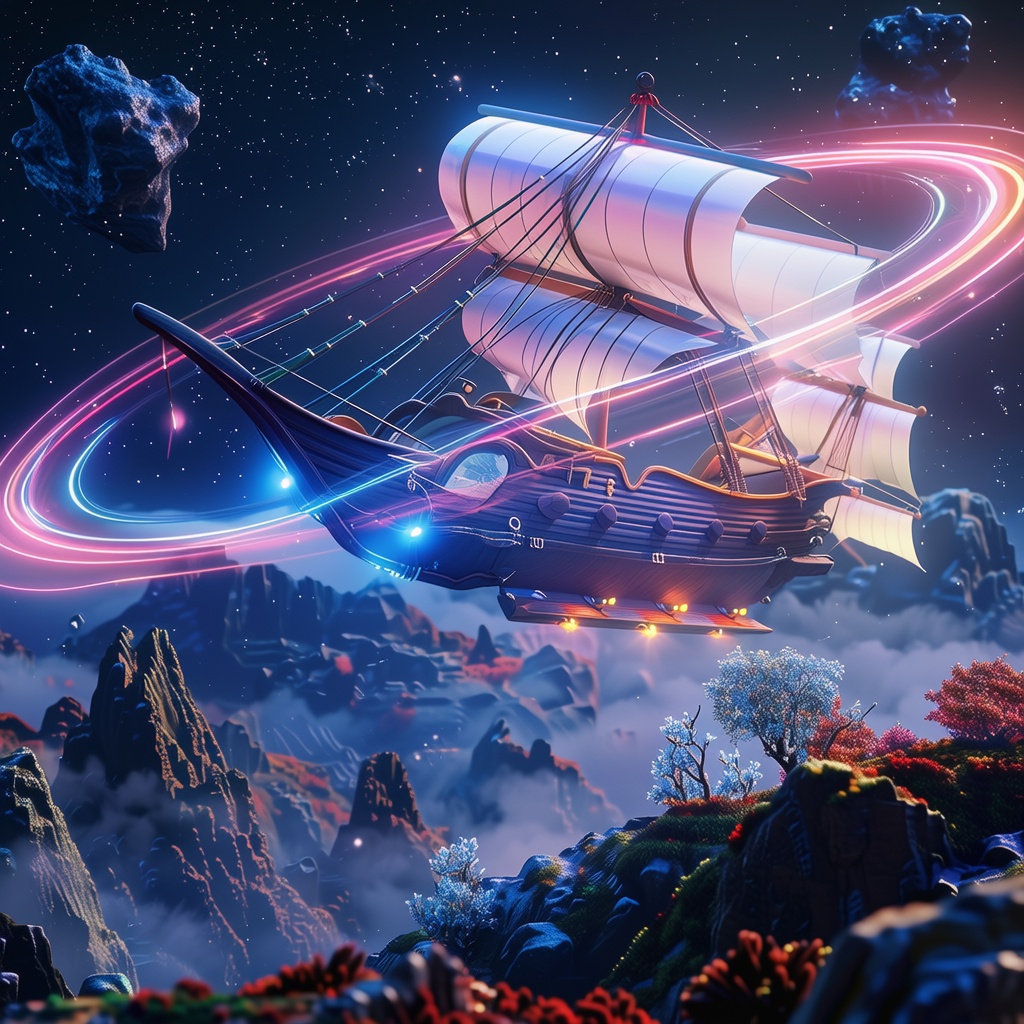 Reimagine as an ancient wooden warship sailing through foggy sea, cinematic lighting