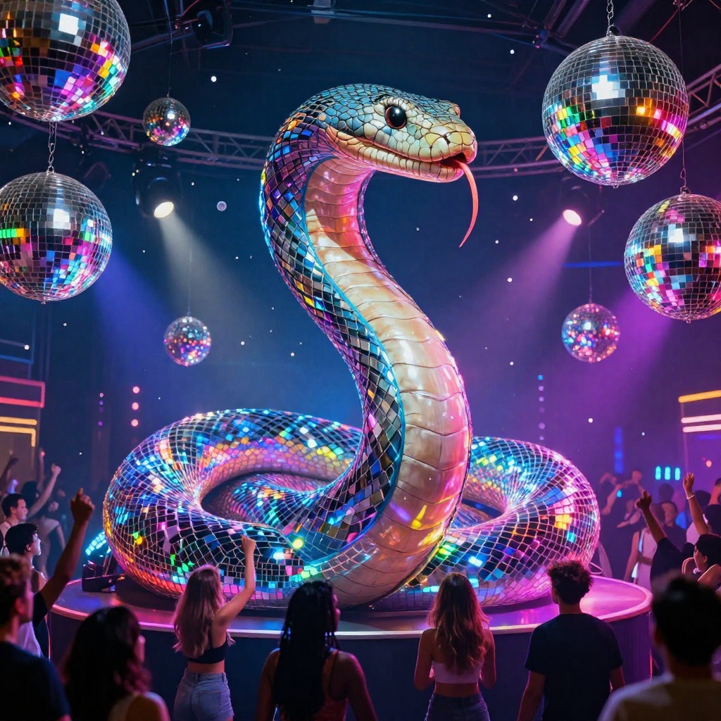 a gigantic neon-colored snake coiled around a disco stage, mirror-ball scales reflecting rainbow lights, people dancing below, hyper-realistic glitter particles floating through the air