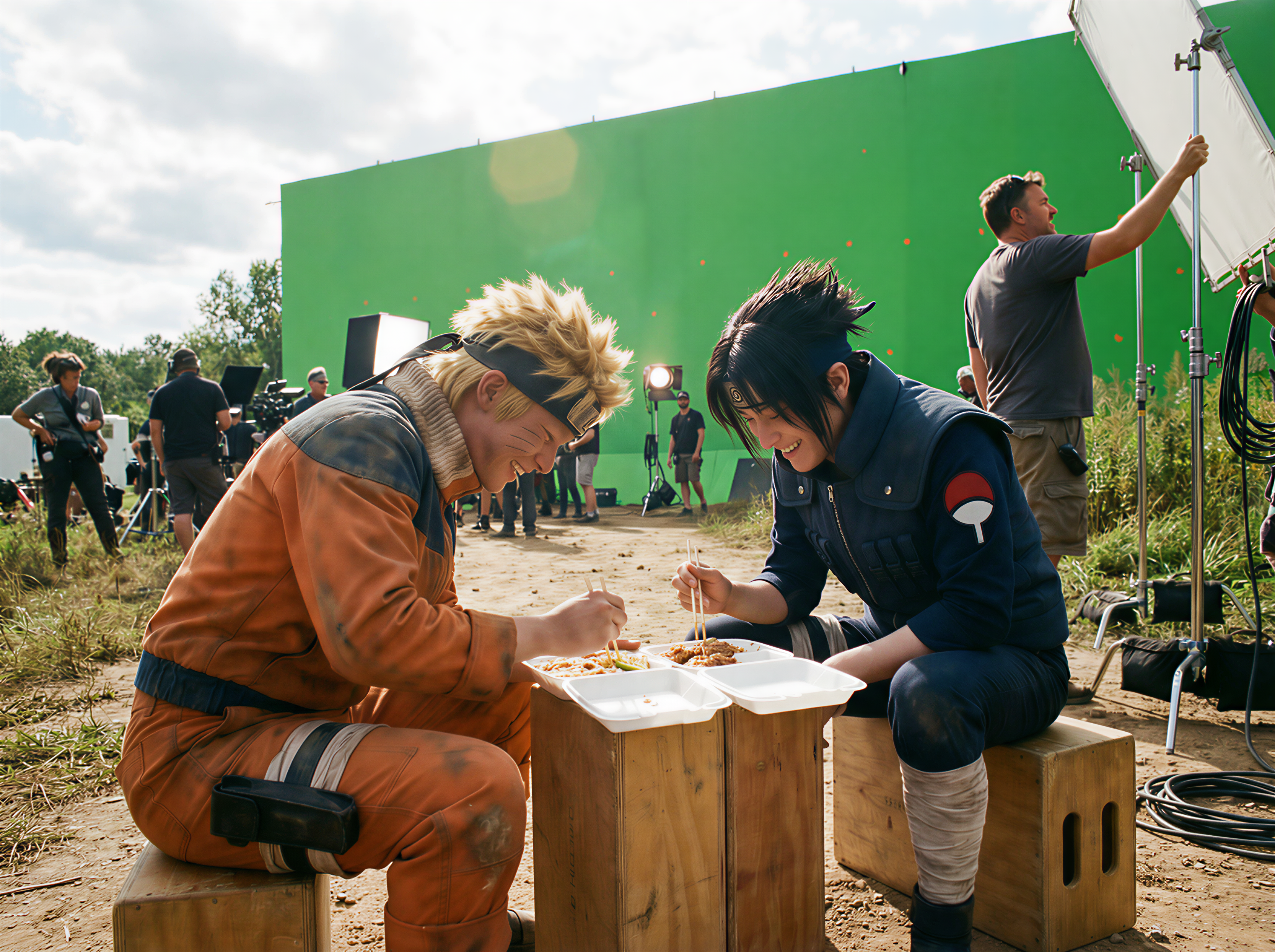 Candid behind-the-scenes photo from a high-budget live-action Naruto movie set. The actor playing Naruto (spiky blonde hair, dirty orange tactical jumpsuit) and the actor playing Sasuke (dark blue vest, Uchiha crest) are sitting on wooden apple boxes, laughing and eating takeout lunch boxes together. Naruto is holding a pair of chopsticks. Behind them is a massive green screen wall and a film crew member adjusting a light stand. Realistic lighting, unposed, 35mm film grain, high resolution.