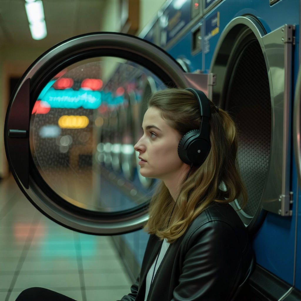 realism, a young woman sitting alone in a laundromat at midnight, wearing headphones, staring at the rotating dryer drum, neon reflections on the glass, a subtle expression of nostalgia on her face