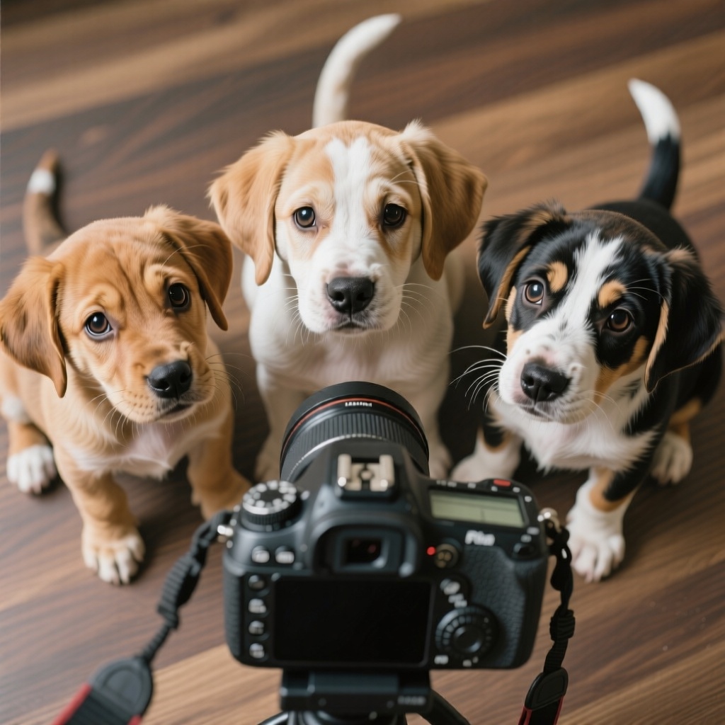 Real style, three different looking puppies have a camera in front of them and the puppies look at it curiously. Elevated view