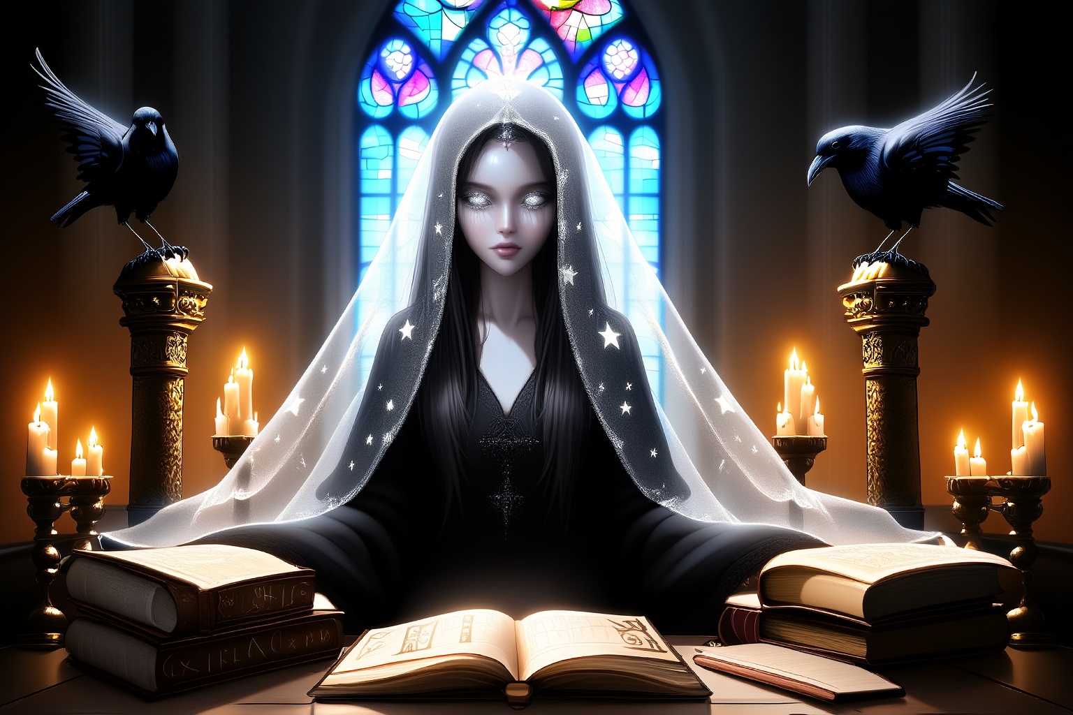 A mysterious oracle sits in a candle-lit cathedral, surrounded by arcane books, glowing runes and ravens perched on gilded pillars; her veil is translucent and embroidered with stars, her eyes shimmer with silver; stained glass windows cast fractured rainbow light onto her pale skin; Renaissance meets dark academia aesthetic, moody lighting, rich texture depth, stylized realism